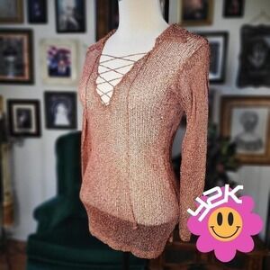 Vintage Y2K Gabriel S Los Angeles Lace Up Knit Poet Top Brown Boho Grunge S